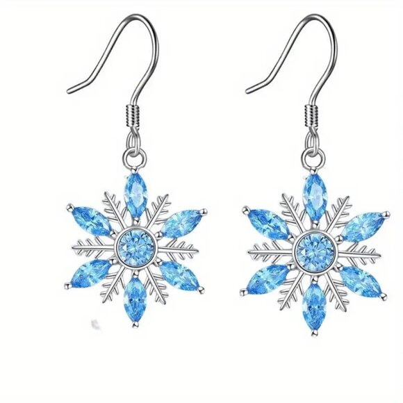 Christmas and Holiday Creative Blue and Silver Shiny Snowflake Earrings - Picture 1 of 2